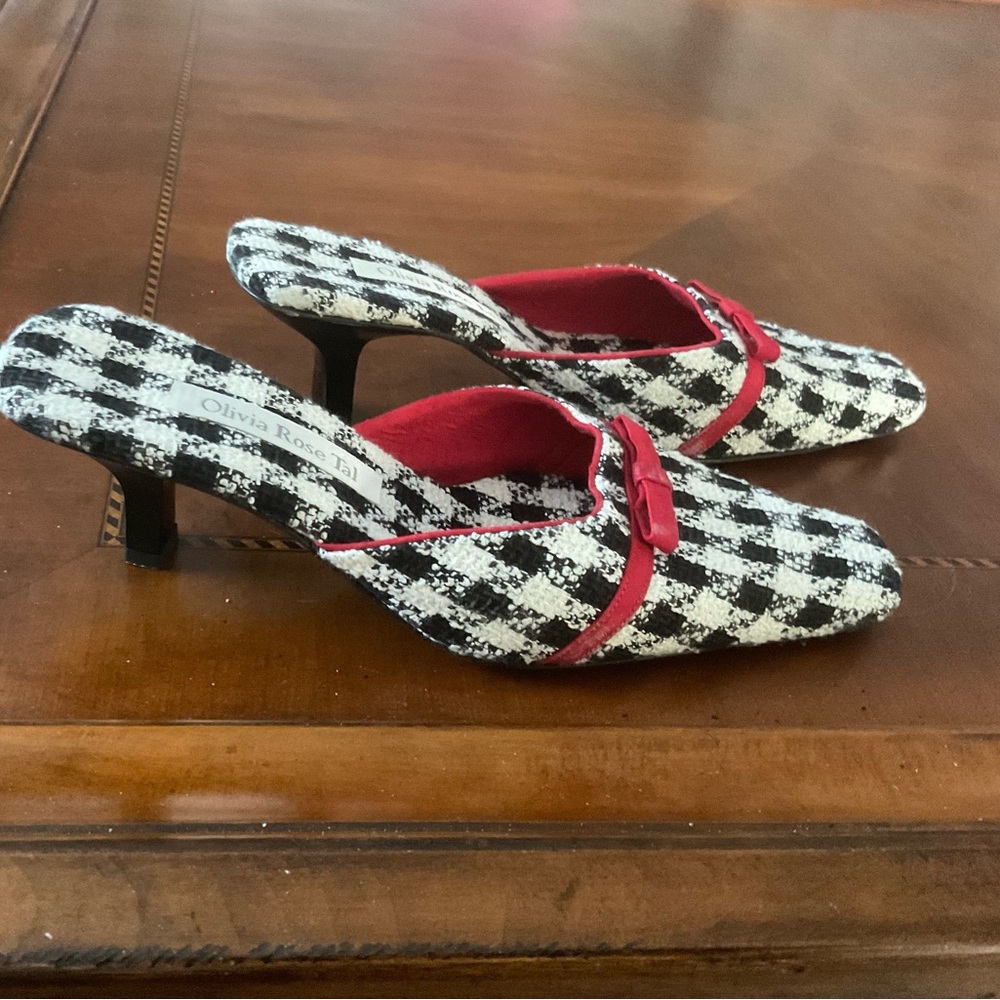 Olivia Rose Tal Black & White Houndstooth Mules with Red Trim